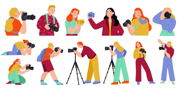 Personagens Desenhos Animados Fotógrafos Com Equipamentos Tirando Fotos Colorido Conjunto —  Vetores de Stock