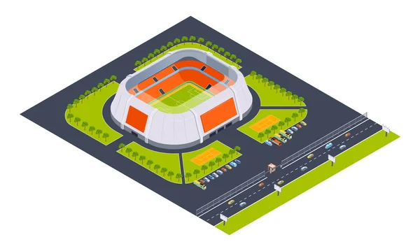 駐車場や公園の木に囲まれたフットボールアリーナの孤立した眺めのイソメトリックスタジアム構成 ベクター図 — ストックベクタ