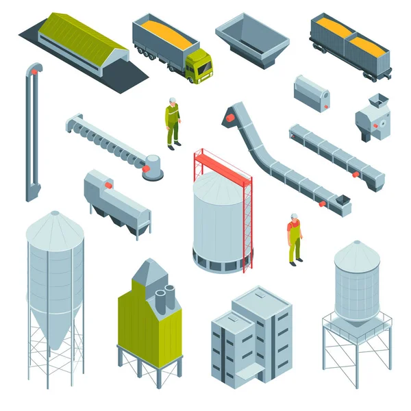 Isometric Grain Elevator Set Isolated Icons Factory Appliances Buildings Trucks — Stock Vector