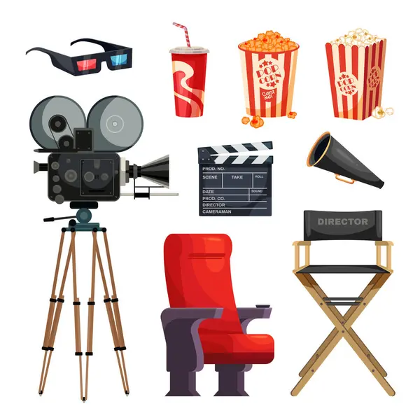 映画産業および映画館のフラット セット 映画カメラの監督の椅子3Dガラス クラッパーのポップコーンによって隔離されるベクトル イラスト — ストックベクタ
