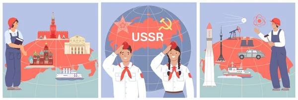 Sovyet Başarıları Ile Belirlenmiş Sscb Sembolleri Konsepti Insanlar Düz Vektör — Stok Vektör