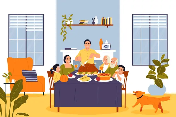 Keluarga Makan Malam Yang Meriah Dengan Kalkun Panggang Pada Hari - Stok Vektor