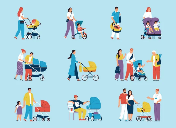 带着婴儿车步行的一组平面父母 在彩色背景矢量图上分离 — 图库矢量图片