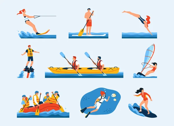 Männer Und Frauen Tun Verschiedene Arten Von Wassersport Flache Set — Stockvektor