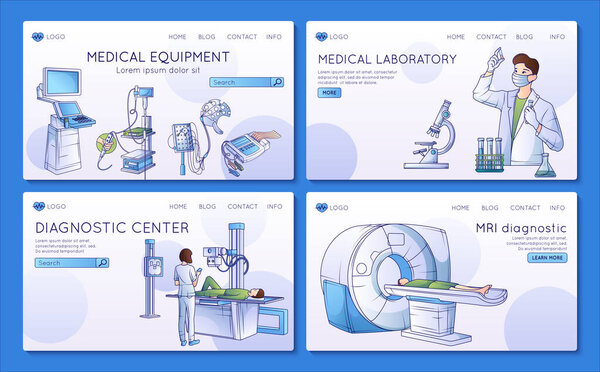 Set of four medical diagnostic equipment flat line websites with clickable links buttons and editable text vector illustration