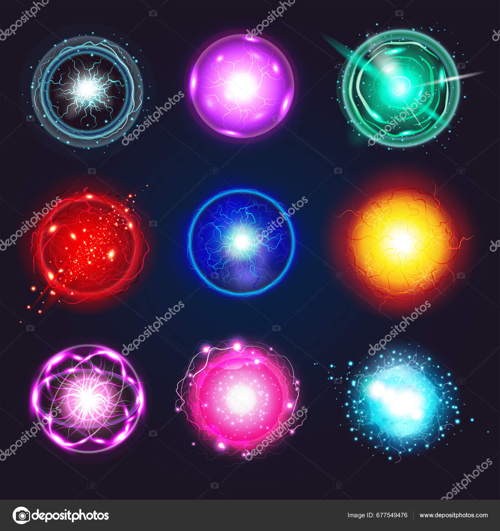 Esfera Plasma Energía Eléctrica Realista Conjunto Iconos Redondos Aislados  Con Vector de stock por ©macrovector 677549476