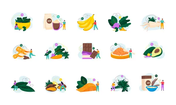 Magnesium Voedingsmiddelen Platte Pictogrammen Gezet Met Gezonde Producten Kleine Mensen — Stockvector