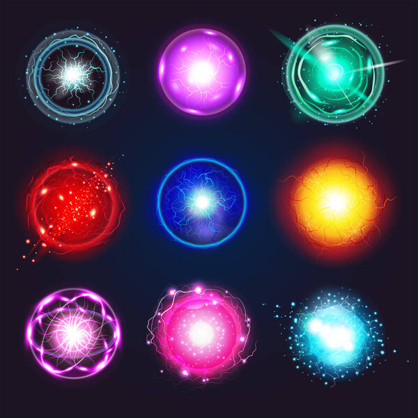 Realistic electric energy plasma sphere set of isolated round icons with colorful bolts sparkles and orbits vector illustration