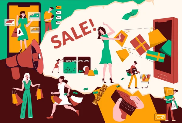 Boutique Shopaholic Addiction Plat Collage Composition Différentes Situations Une Femme — Image vectorielle