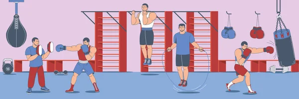 Spor Salonu Manzaralı Boks Antrenmanı Karikatürü Kompozisyonu Kum Torbaları Paralel — Stok Vektör