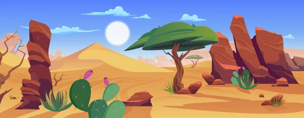 Desert Összetétele Vízszintes Kültéri Kilátás Pusztaság Narancs Sziklák Kaktuszbokrok Fák — Stock Vector