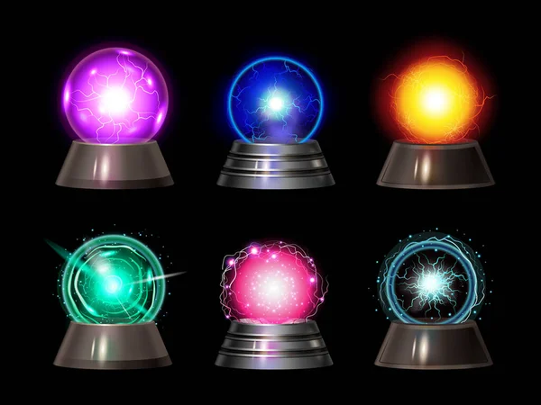 Esfera Realista Bola Cristal Mágico Conjunto Con Seis Círculos Luminiscentes — Vector de stock