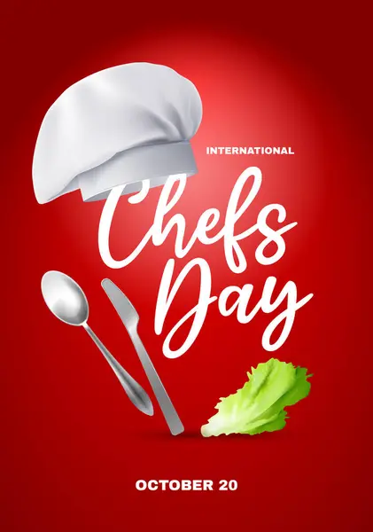 国际厨师日海报矢量插图与厨师帽子叉子和生菜叶子红色背景矢量插图 — 图库矢量图片