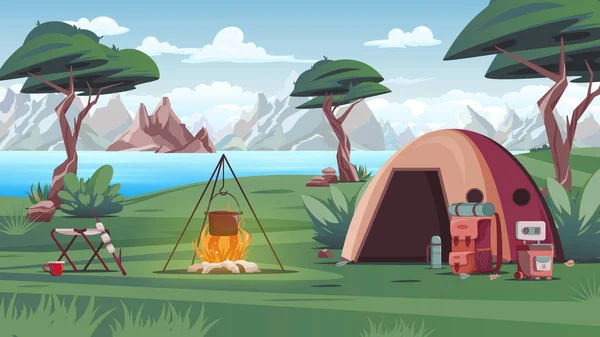 Camping Tenda Composizione Colorata Attrezzature Campeggio Stand Una Radura Accanto — Vettoriale Stock