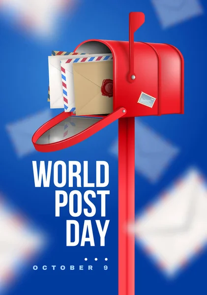 现实世界的邮政日 白色大标题红色信箱和模糊的背景海报矢量插图 — 图库矢量图片