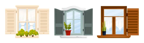 Vintage Icône Fenêtre Balcon Mis Trois Fenêtres Isolées Couleur Beige — Image vectorielle