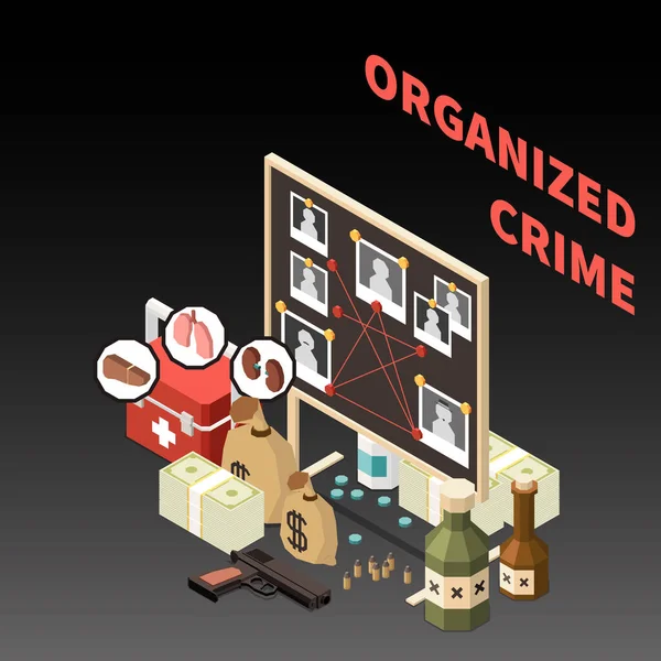 Black Market Isometric Colored Concept Organized Crime Description Different Tools — Stock Vector