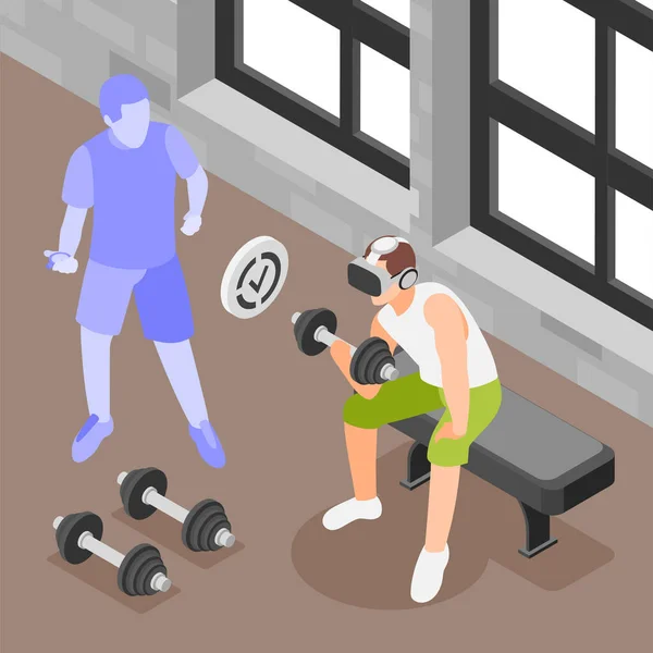 VR sports trainings isometric colored concept with young man works out at the gym with a trainer vector illustration