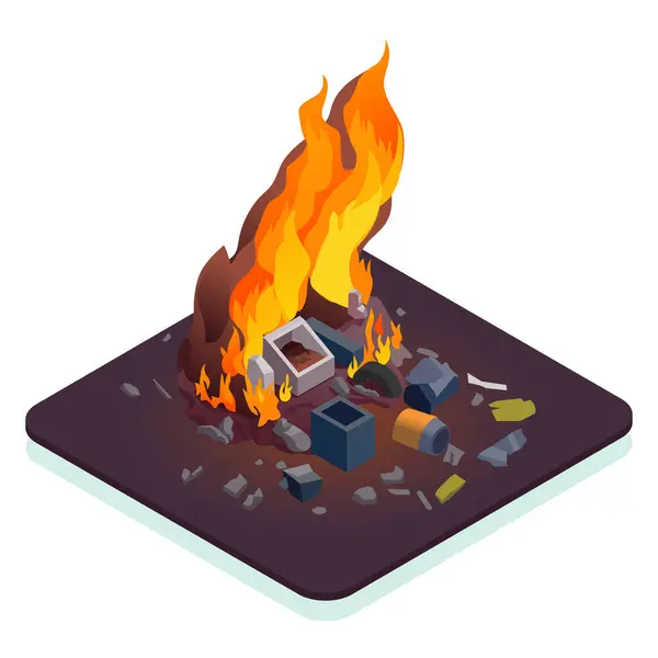 Air Pollution Isometric Concept Burning Waste Vector Illustration — Stock Vector