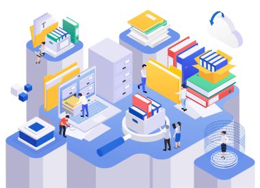 Ofis dolapları çalışanları sunucularının, dizin çizimleri ve dizinlerin sunucularının izole görüntüsü ile izometrik bileşimi işleyen belgeleri arşivle