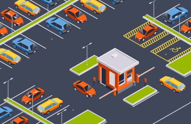 Otopark manzaralı Isome park kompozisyonu arabaların döşemesi ve kasiyer kabin vektör çizimi
