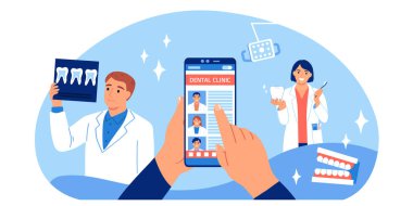 Diş hekiminin karalama tarzı insan karakterleri ve diş hekimlerinin el ele tutuşması ve uzman vektör illüstrasyonu.