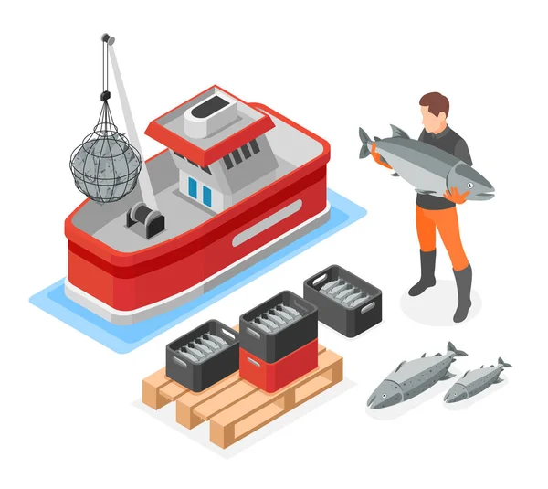 Ναυτιλιακή Επιχείρηση Ισομετρική Σύνθεση Αλιευτικό Σκάφος Και Fisher Εκμετάλλευση Μεγάλο — Διανυσματικό Αρχείο
