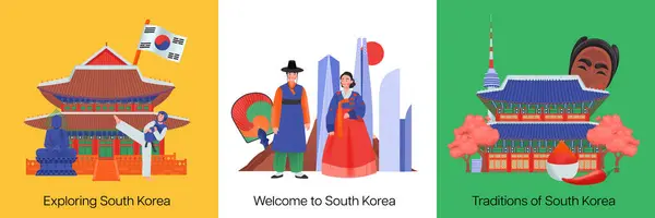 Tiga Persegi Selatan Ikon Korea Ditetapkan Dengan Mengeksplorasi Selamat Datang - Stok Vektor