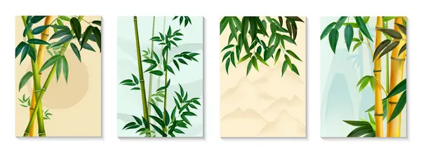 Yeşil Yapraklı Dallı Dört Gerçekçi Dikey Bambu Posteri Izole Edilmiş — Stok Vektör