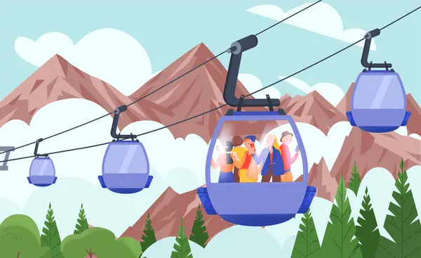 Flat Colored Landscape Cableway Tourists Climb Mountains Watch Surrounding Countryside — Stock Vector