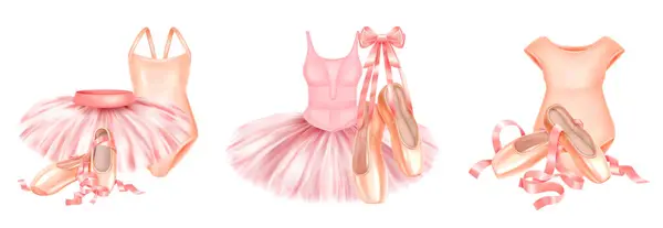 ピンクと桃色のバレエアクセサリーを備えたコンポジションの現実的なセット ベクターイラスト — ストックベクタ
