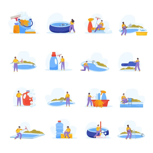 Плавательный Бассейн Плоские Иконки Комплект Очисткой Профессиональных Изолированных Векторных Иллюстраций — стоковый вектор