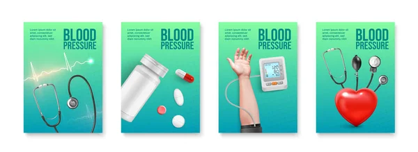 血压真实感海报模板集与药物和Tonometer分离病媒图解 — 图库矢量图片