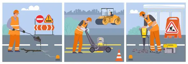 Ilustrações Quadradas Planas Reparação Estradas Com Trabalhadores Realizando Trabalhos Rodoviários —  Vetores de Stock