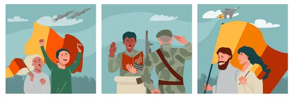 Patriot Country Set Flat Style Soldiers Taking Oath Civilian People — Stock Vector