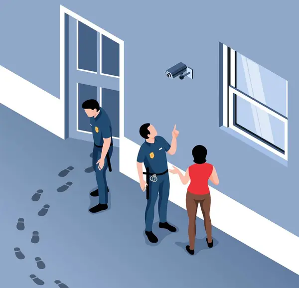 Composição Segurança Casa Isométrica Com Trilhas Cena Crime Ladrões Policiais — Vetor de Stock