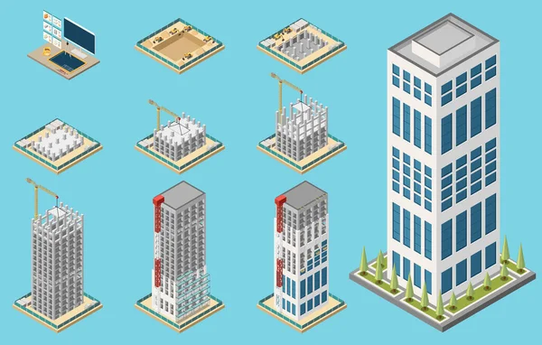 Set Isometrico Fasi Processo Costruzione Grattacielo Isolato Sfondo Blu Illustrazione — Vettoriale Stock