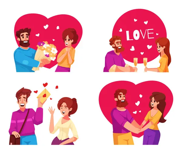 Liefde Verhaal 2X2 Ontwerp Concept Set Van Cartoon Koppels Valentijnsdag — Stockvector