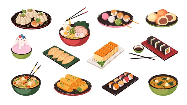 Comida Asiática Iconos Planos Conjunto Con Sushi Cuencos Sopa Aislado — Vector de stock