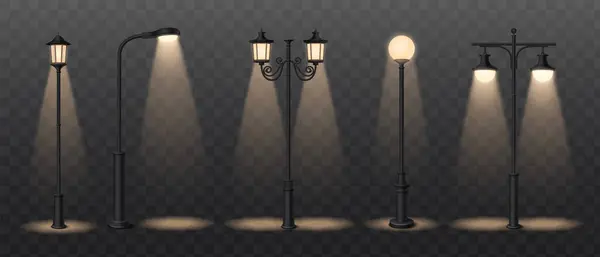 Street Lamp Realistyczne Ikony Zestaw Reflektorów Przezroczystym Tle Izolowane Wektor — Wektor stockowy