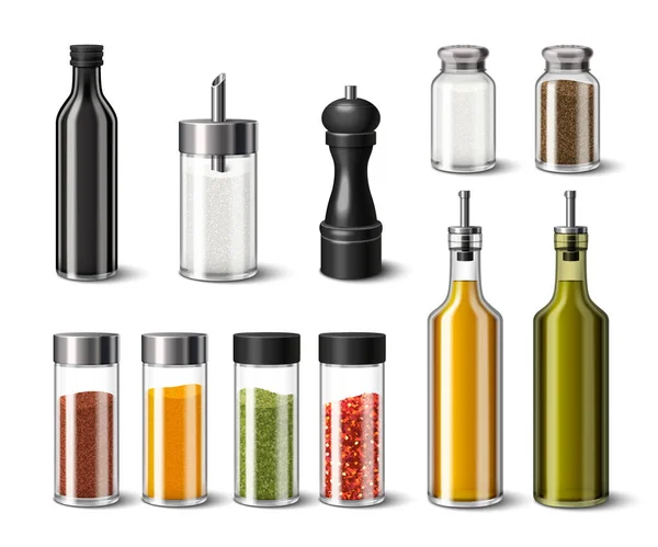 Kök Kryddor Realistiska Ikoner Som Med Salt Peppar Och Kryddor — Stock vektor