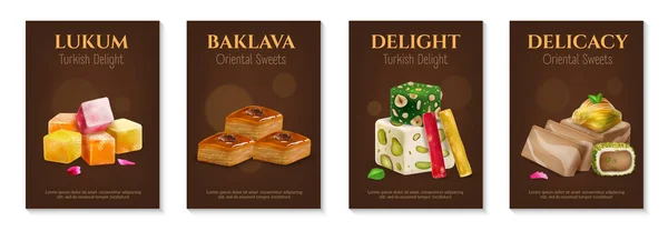 Insamling Realistiska Affischer Reklam Lukum Baklava Turkisk Glädje Och Delikatess — Stock vektor