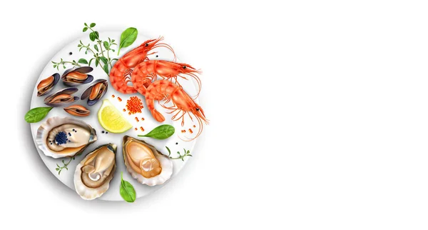 Seafood Plate White Background Composition Isolated Realistic Top View Gourmet — Stock Vector
