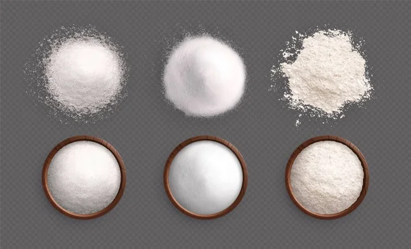 Salt Sugar Flour Set Isolated White Powder Piles Dishes Top — Stock Vector