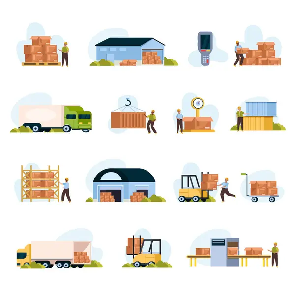 Warehouse Logistic Flat Icons Set Shipping Storage Symbols Isolated Vector — Stock Vector