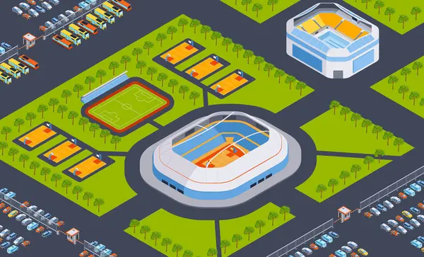 Isometrische Stadionzusammensetzung Mit Outdoor Landschaft Und Sportarenen Mit Parkfläche Und — Stockvektor