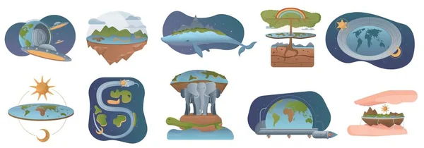 Теорія Землі Набір Плоскими Ізольованими Іконками Кита Трьох Слонів Черепаха — стоковий вектор