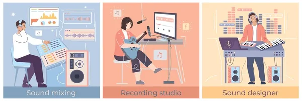 Konzeptset Zur Digitalen Musikerzeugung Mit Sounddesignern Und Musikern Die Songs — Stockvektor
