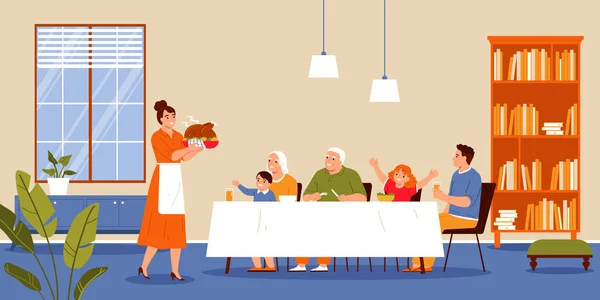 Joyeux Famille Regardant Maman Portant Dinde Rôtie Pour Thanksgiving Jour — Image vectorielle