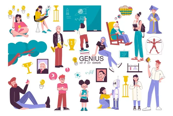 Set Isolated Genius Prodigy Flat Icons Trophies Rewards Education Materials — Stock Vector